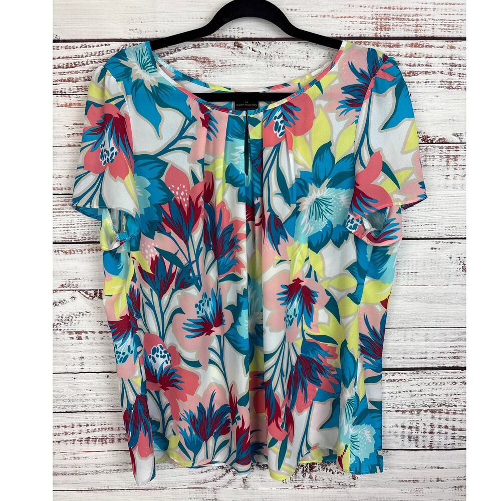 Womens Worthington Blue Bright Floral Short Sleeve Blouse Career Vacation Sz XL